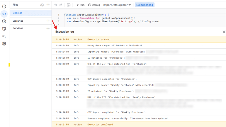 Review execution log sync Connectif Google Sheets