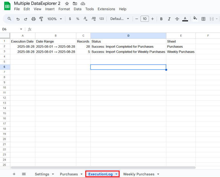 Review execution log sync Connectif Google Sheets 2