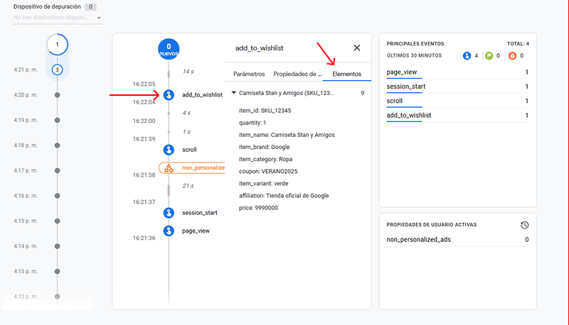 Comprobar valores del evento en el modo debugview de Google Analytics 4