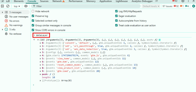Ver contenido en el dataLayer desde la consola