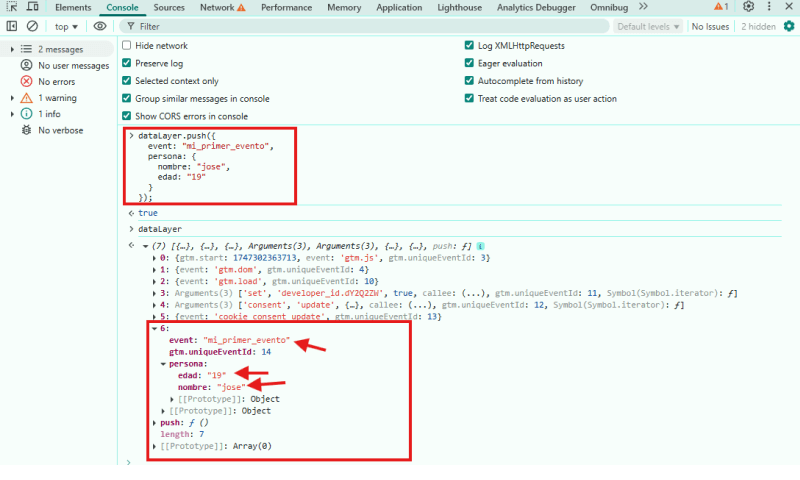 Lanzar evento al datalayer desde la consola
