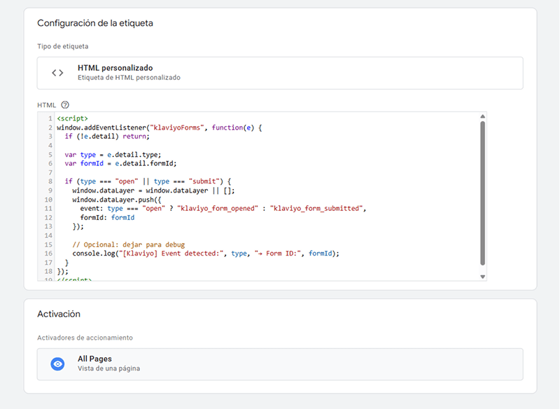 Crear tag Klaviyo form open