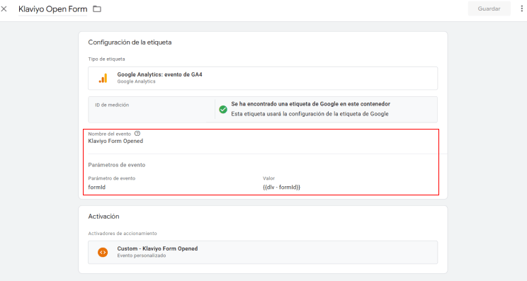 Crear tag Klaviyo form open