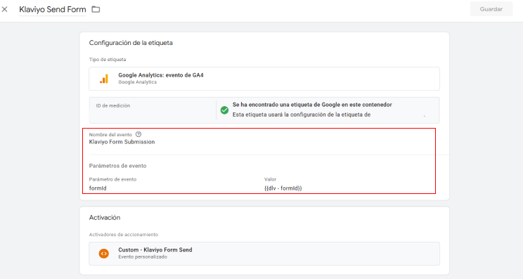 Crear tag Klaviyo form open