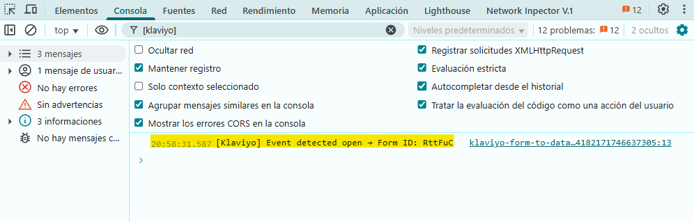 Mensaje en consola de evento lanzado desde klaviyoForms